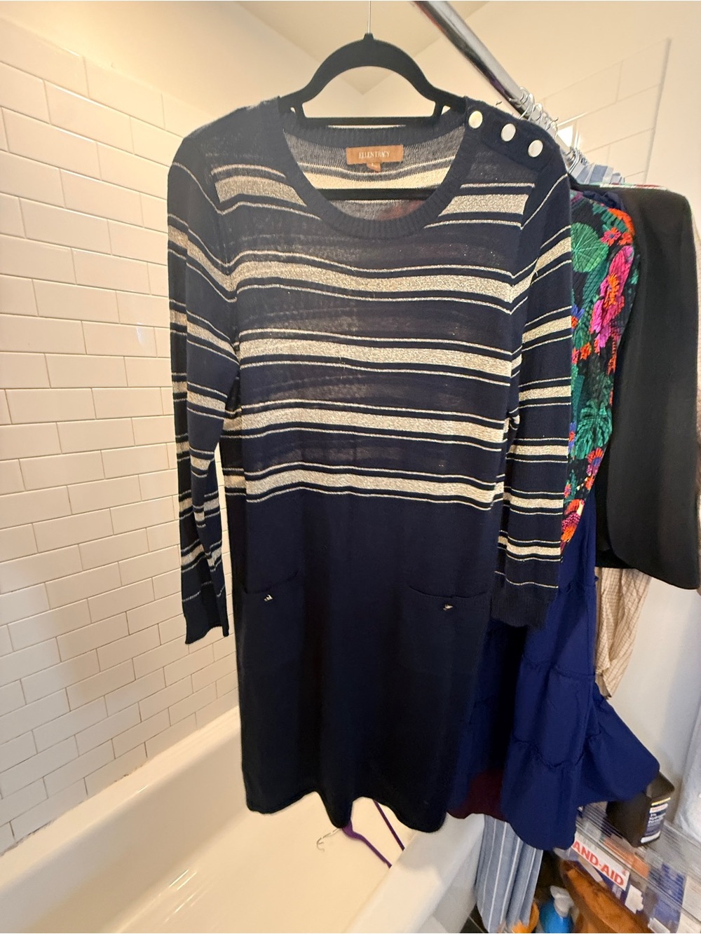Ellen Tracy Striped Knit Sweater Dress Navy White Size Large